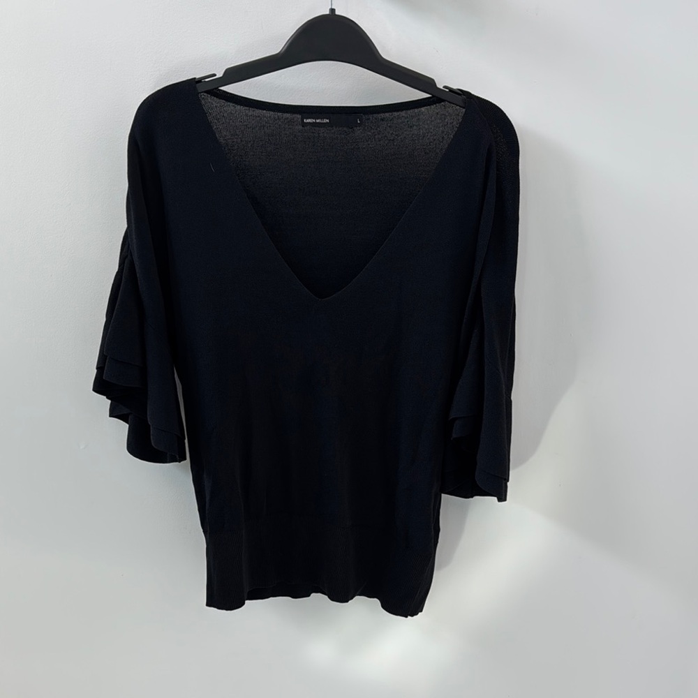 Black V-Neck Ruffle Sleeve Top